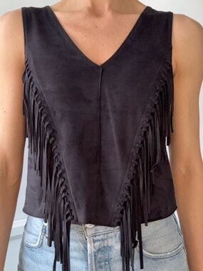 Zara Black Fringe V-Neck Tank Top